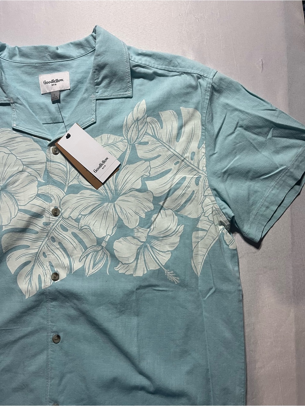 Goodfellow & Co Men’s Large Aqua Blue Tropical Button-Down Short Sleeve Shirt